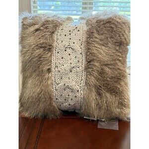 Anthropologie 18"x18" Cable Knit Fur Trim Sequin Accent Pillow NWT